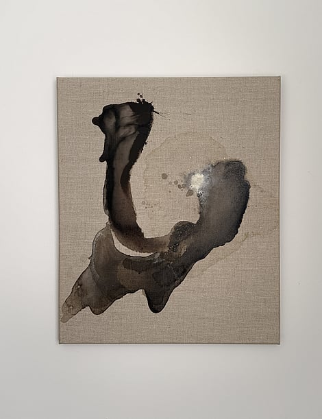layered deep brown acrylic ink forms with cream bloom and salt-induced erosion, pale brown wash and exposed linen ground