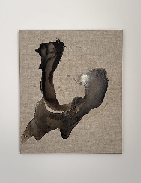 full image of acrylic ink on linen, layered deep warm brown forms with cream bloom and salt-induced erosion, pale brown washes and exposed linen ground