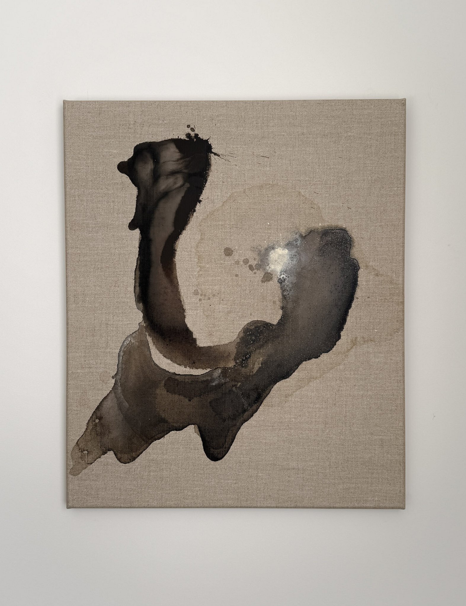 full image of acrylic ink abstract painting on linen, deep warm layered brown ink pooled forms with cream acrylic bloom and salt-induced erosion, lighter brown washes, residual stain and exposed linen ground
