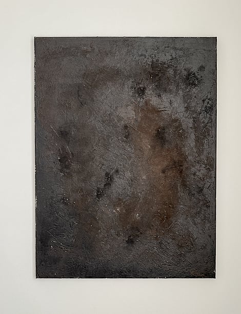 full image of moody atmospheric painting with layered black and deep warm brown textures, charcoal undertones and mineral surface on linen