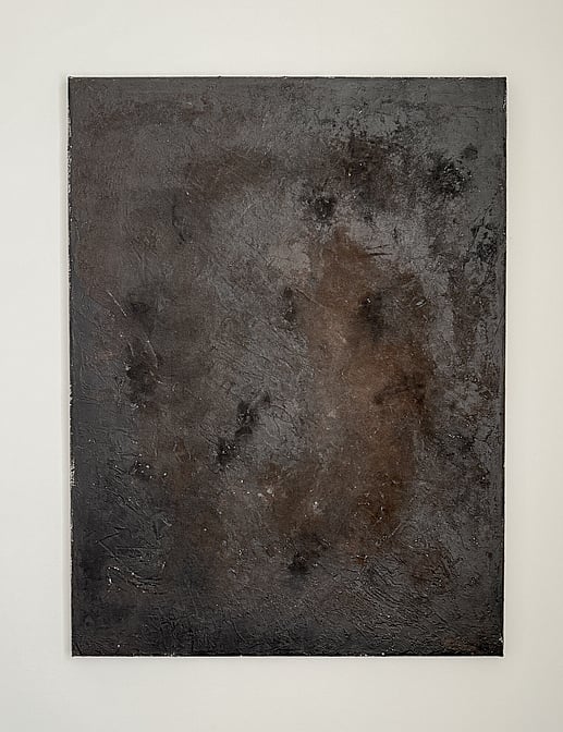 full image of atmospheric painting on linen with black and rich warm brown layers, charcoal undertones and textured mineral surface