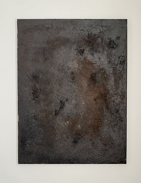 full image of atmospheric painting on linen with black and rich warm brown layers, charcoal undertones and textured mineral surface