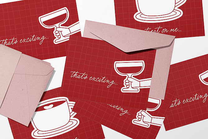 Image of raspberry red celebration cards with cocktail glass drawing. Pink envelopes. Creative Box, Te Awamutu, New Zealand.