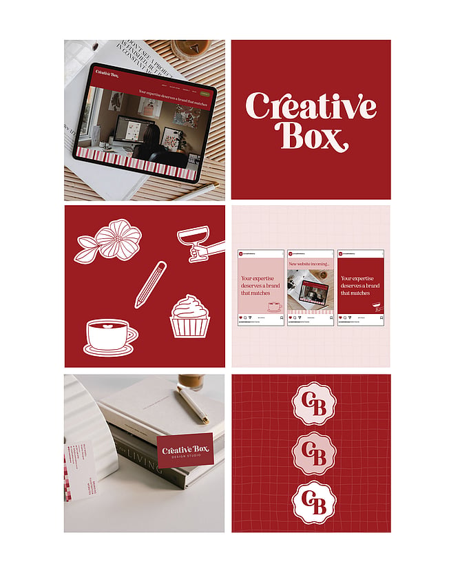 Six sneak images of Creative Box's new rebrand in raspberry red and pinks, illustrations, playful serif font and new stationery. Creative Box, Te Awamutu, New Zealand.