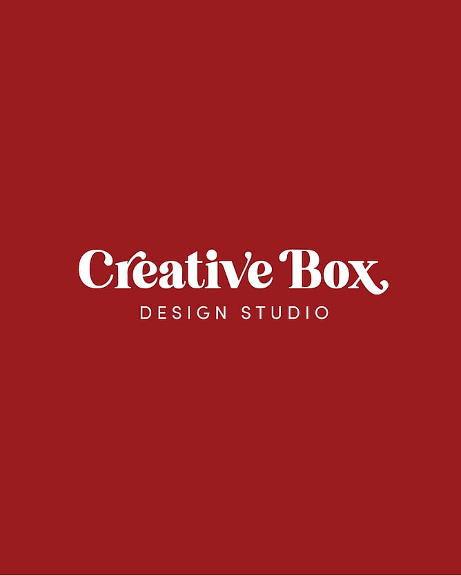 Red background with white Creative Box logo. Playful serif font. Creative Box, design studio. Te Awamutu, New Zealand.