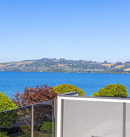 Lake Taupo and surrounding hills viewed from the property's outdoor area
