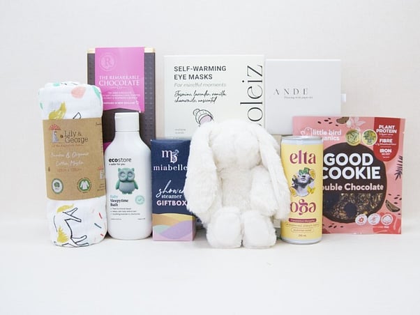 Mum and Baby gift box NZ — NZ-made gift box with Lily & George teddy, baby wrap, Miabelle shower steamers and Oan Dae wish kit