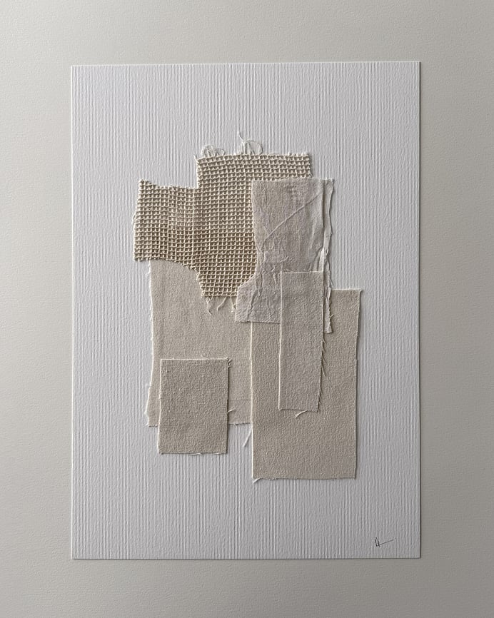 full image of layered collage of tactile sand-toned linen and cotton fragments on soft white fabriano, showing soft frayed edges and handwritten signature in lower right corner
