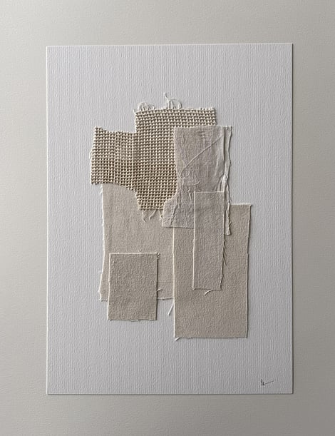 fabric collage on fabriano, layered neutral toned linen fabric with soft frayed linen edges, handwritten signature lower right corner