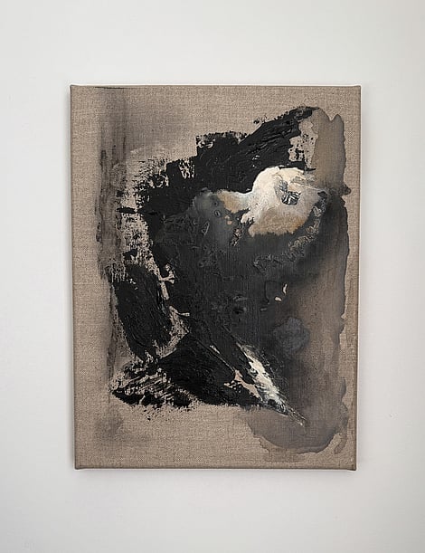 abstract painting with black, pale cream diagonal impasto passages, charcoal smudging, iron oxide wash on exposed linen