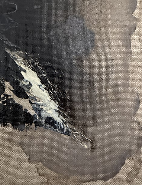 detail of black and pale cream sweeping impasto ridges, iron oxide wash showing pooled edges, visible linen weave