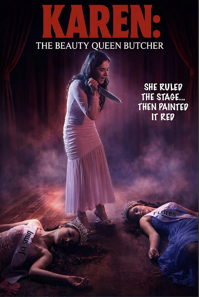 Poster for 'KAREN THE BEAUTY QUEEN BUTCHER', a 2026 grindhouse-style horror comedy slasher directed by Zachary W. Snygg.