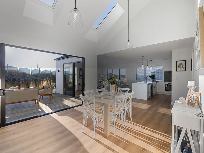 new home built by Whitechurch Construction, showing the kitchen, dining and outdoor area