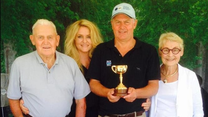 The late Colin Thompson (left) pictured with his daughter-in-law Colleen, son John, and wife Irene. - Photo: Supplied