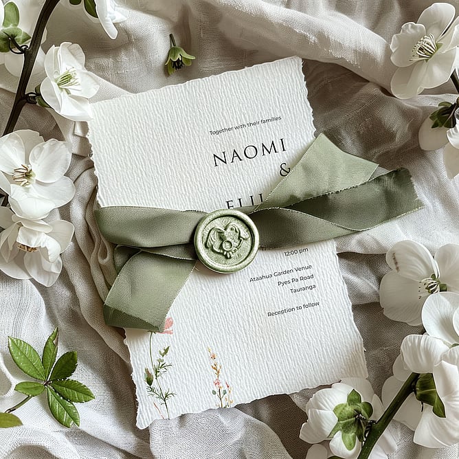 Luxury wedding stationery flatlay with handmade paper and wax seal