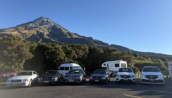 A few of the cars under the mountain. A stunning day to be exploring Taranaki!