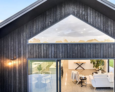 Burnt Japanese cedar feature gable end by Whitechurch Construction, Te Awamutu builders.