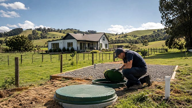 drainlayer inspecting septic tank on lifestyle block NZ, created by ai