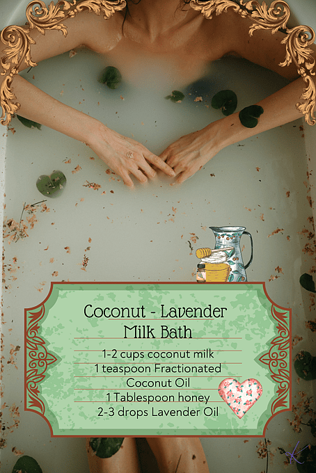 a woman lying in a milk bath with a recipe for bath for valentines day or any special occasion using fractionated coconut oil