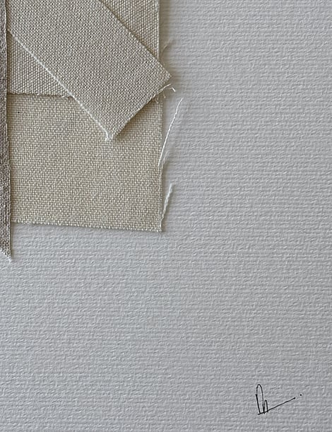 detail of fabriano surface texture, cotton fragment with soft frayed edge and handwritten signature lower right corner