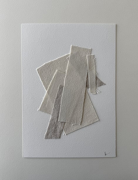 full image of neutral-toned linen and cotton fragments layered on fabriano, showing soft frayed edges and handwritten signature lower right corner 