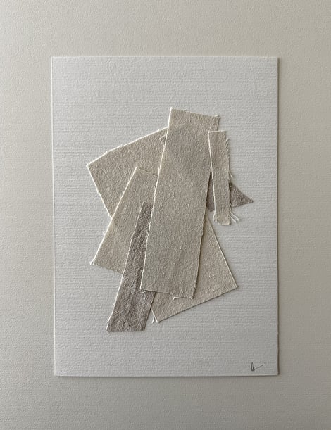 full image of layered collage of neutral-toned linen and cotton fragments on ivory fabriano, showing soft frayed edges and handwritten signature in lower right corner