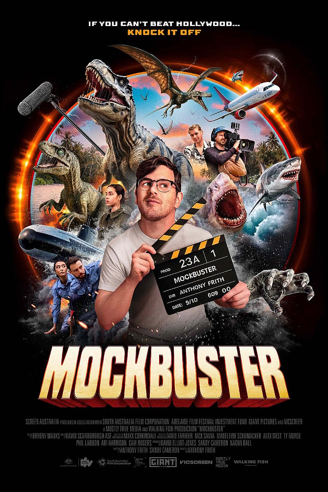 Poster for 'MOCKBUSTER', a 2026 documentary about Australian director Anthony Frith making a B-movie with The Asylum, presented by Giant Pictures.