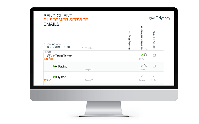 Diagram shows a desktop view of the operator's dashboard for managing guest emails. It gives a quick look at how team members can track individual clients, add personal touchpoints, and check off milestones like booking confirmations and tour guarantees in real time.