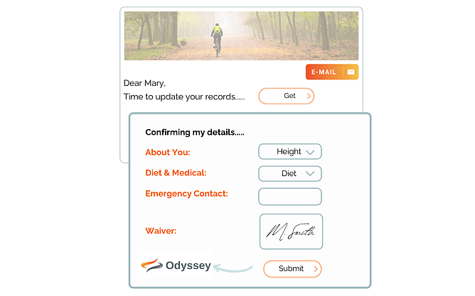 It shows a smooth digital handoff, where a quick email prompt directs a traveler to an easy online form. It's a simple look at how guests can update their health and dietary details, fill out emergency contacts, and sign a liability waiver all in one quick step.