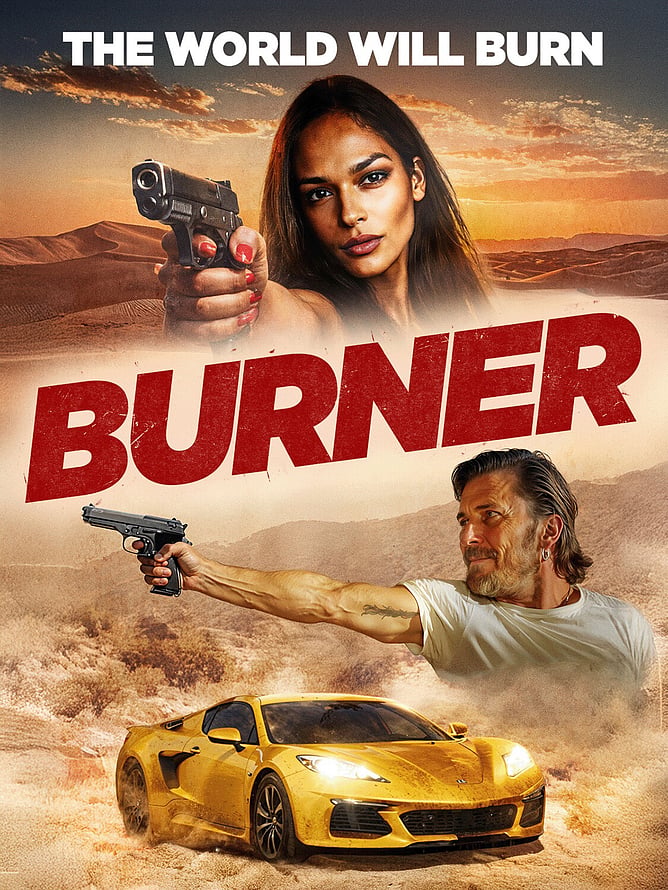 Poster for 'BURNER', a 2026 crime action thriller written and directed by Robert Orr, released on UK digital from 1 June via Seven Tales.