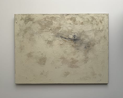 full image of textural abstract painting on linen with warm cream and stone tones, soft grey sweeps and raw sienna markings