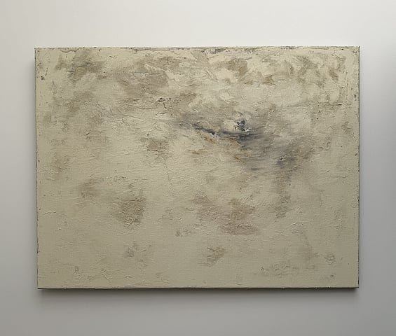 full image of textural abstract painting on linen with warm cream and stone tones, soft grey sweeps and raw sienna markings