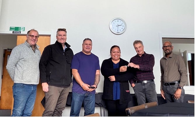 Terry Street hands over the keys to LifeChurch Blockhouse Bay. From Left to Right: Richard Fountain (CCCNZ), Jeff Orr (Stewards'), Too Tooala (LifeChurch), Ane Ponifasio (LifeChurch), Hans Stutz (Terry Street Bible Chapel), and Sam Kommunuri (Terry Street Bible Chapel).