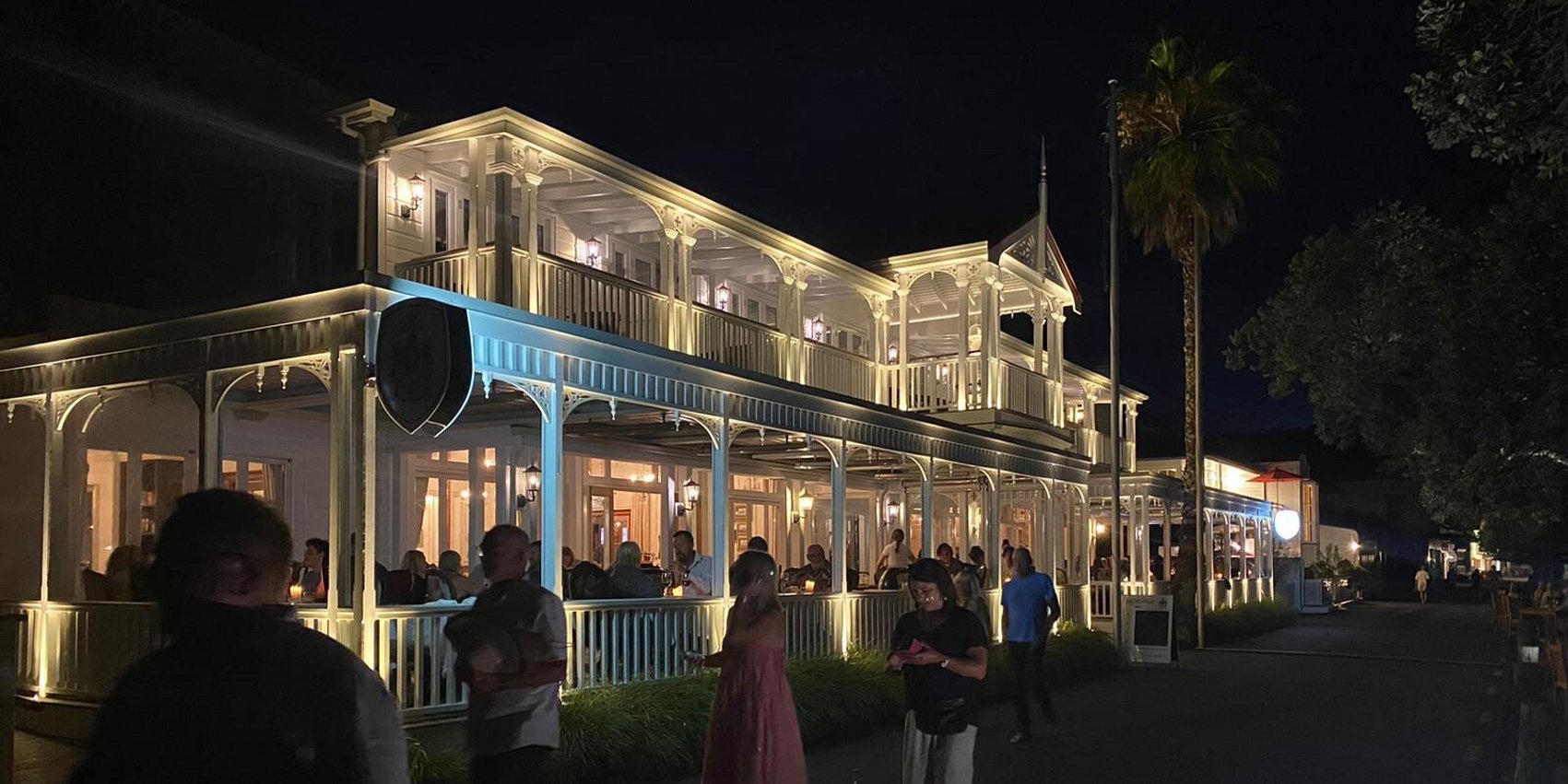Exterior night view of the historic Duke of Marlborough Hotel located near Crab Shack Cottage Russell