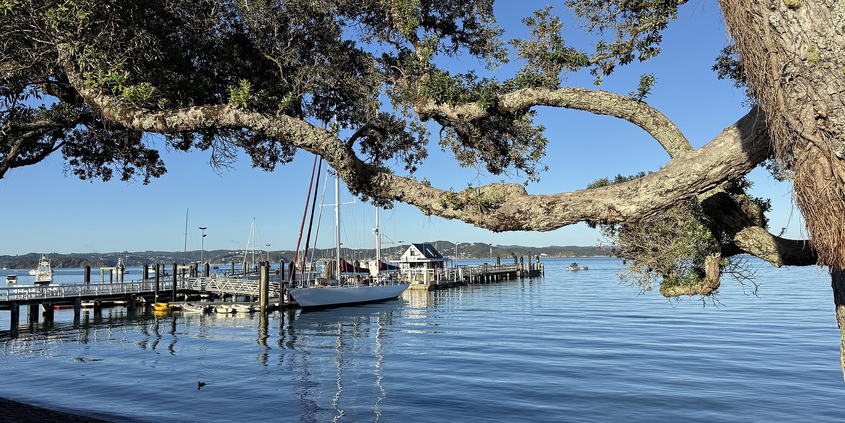 Scenic view of sailboats by the historic Russell Wharf in the Bay of Islands near local holiday rentals