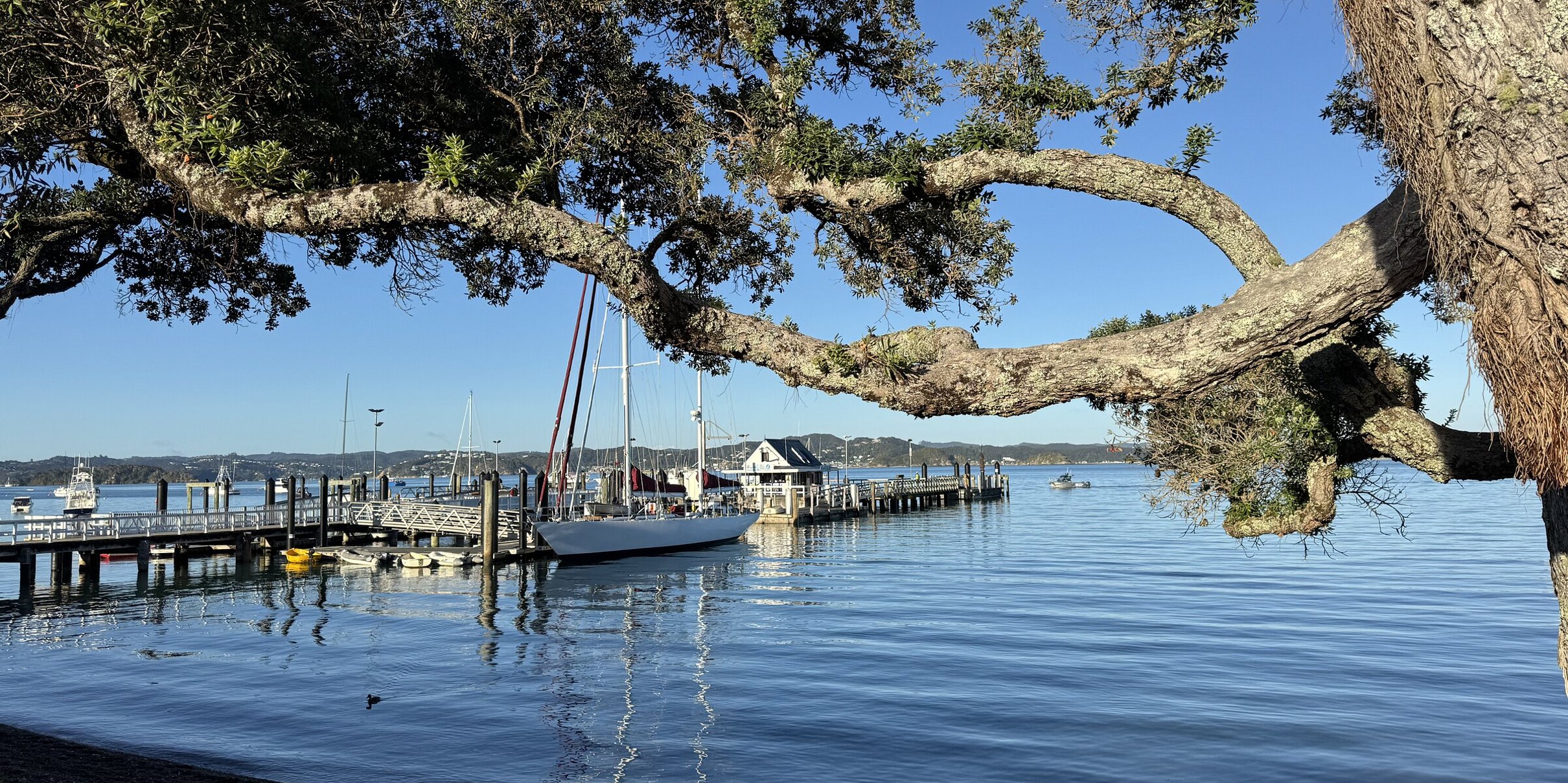 Scenic view of sailboats by the historic Russell Wharf in the Bay of Islands near local Russell Cottages holiday rentals