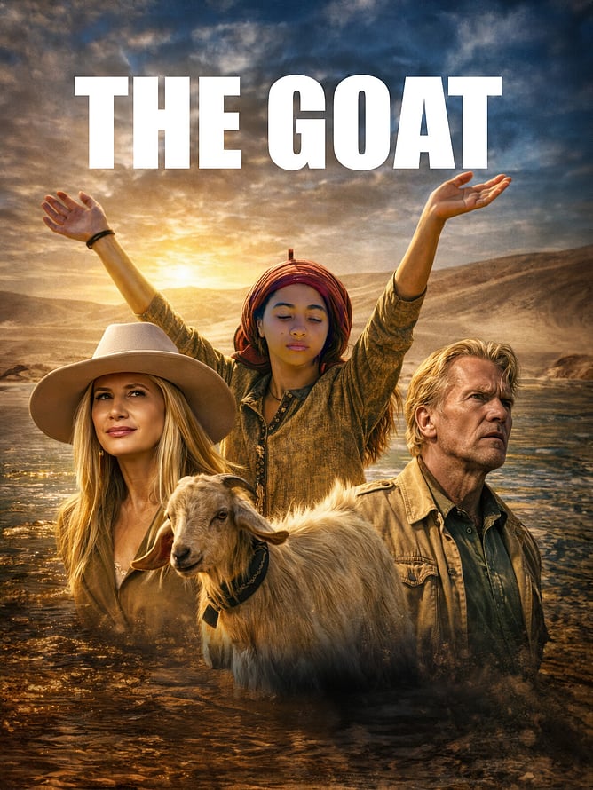 Poster for 'THE GOAT', an English and Arabic-language adventure thriller starring Mira Sorvino, John Savage, Jessica Hosam and Amr Saad, released by Cleopatra Entertainment.