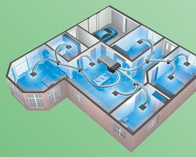 Cutaway diagram of a home showing ducted central heating and cooling