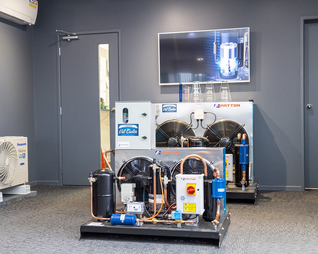 Refrigeration condensing units on display in the Temprite showroom