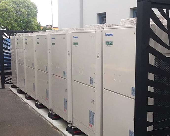 Row of VRF commercial air conditioning outdoor units