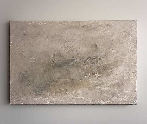 full image of atmospheric landscape on linen with a subtle blush-toned surface carrying soft tactile layers of mineral patina and muted smoky earth tonal sediment