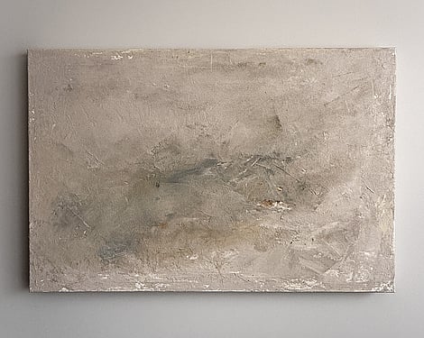 full image of atmospheric landscape on linen with a subtle blush-toned surface carrying soft tactile layers of mineral patina and muted smoky earth tonal sediment