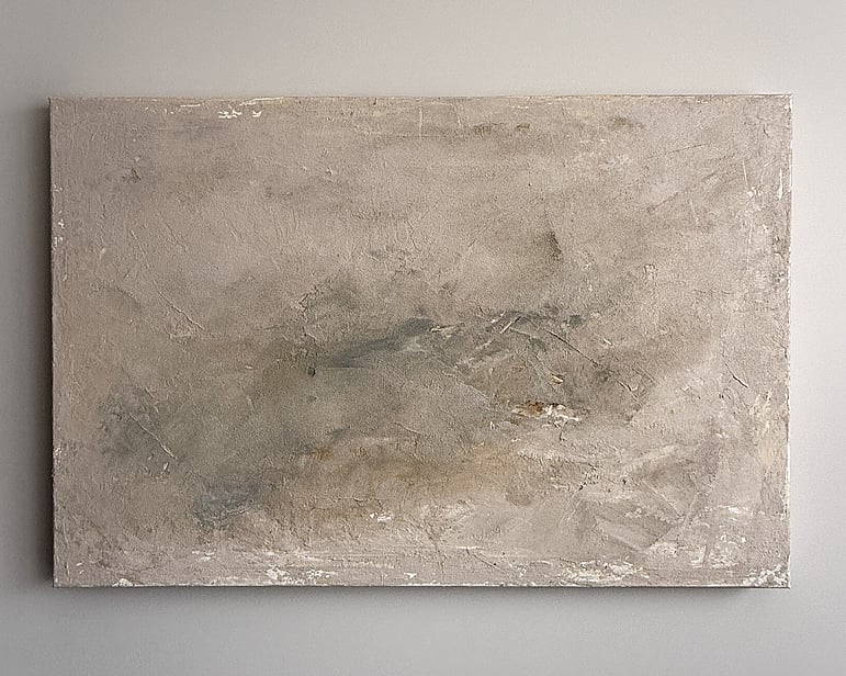 full image of atmospheric landscape painting on linen with a subtle blush-toned surface carrying soft tactile layers of mineral patina and muted smoky earth tonal sediment