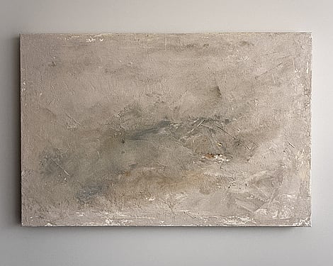 full image of atmospheric landscape on linen with a subtle blush-toned surface carrying soft tactile layers of mineral patina and muted smoky earth tonal sediment