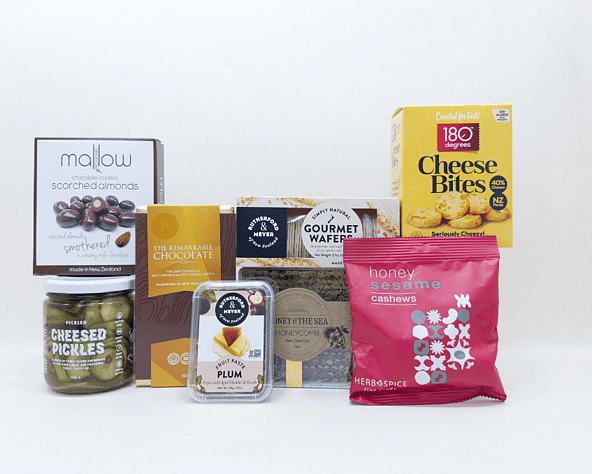 Foodie gift box NZ — NZ-made gift box with scorched almonds, cheese bites, honeycomb and artisan chocolate