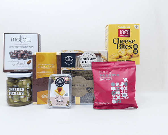 Foodie gift box NZ &mdash; NZ-made gift box with scorched almonds, cheese bites, honeycomb and artisan chocolate