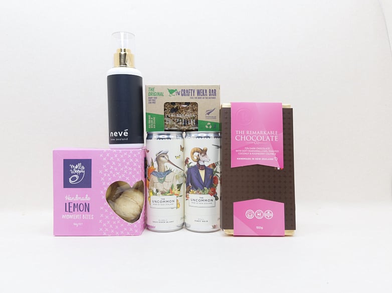 You Deserve This gift box NZ — NZ-made gift box with Remarkables chocolate, Uncommon wine, Nevé room spray and cookies