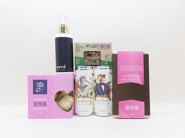 You Deserve This gift box NZ — NZ-made gift box with Remarkables chocolate, Uncommon wine, Nevé room spray and cookies