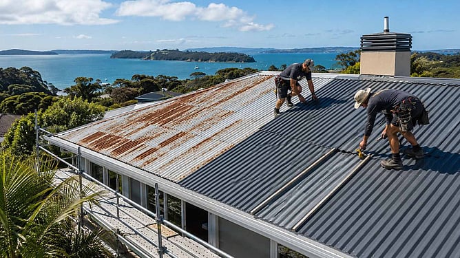 roofers replacing rusted roof in Bay of Islands, created by ai