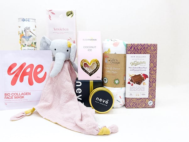 Celebrate the New Mum gift box NZ — NZ-made gift box with Anxietea, coconut ice, baby wrap and candle